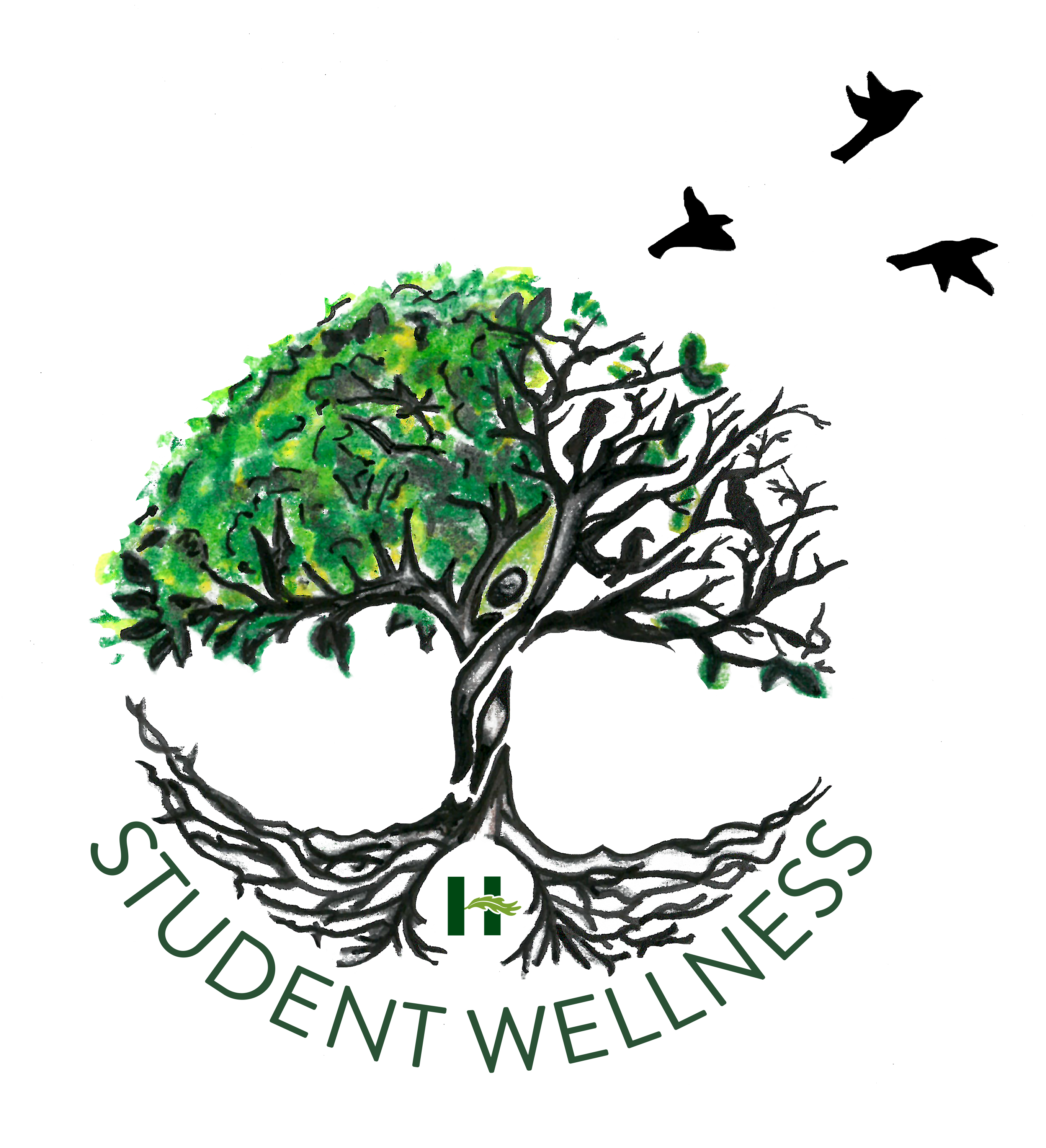 Student Wellness Logo tree with leaves and birds flying from it with Student Wellness text